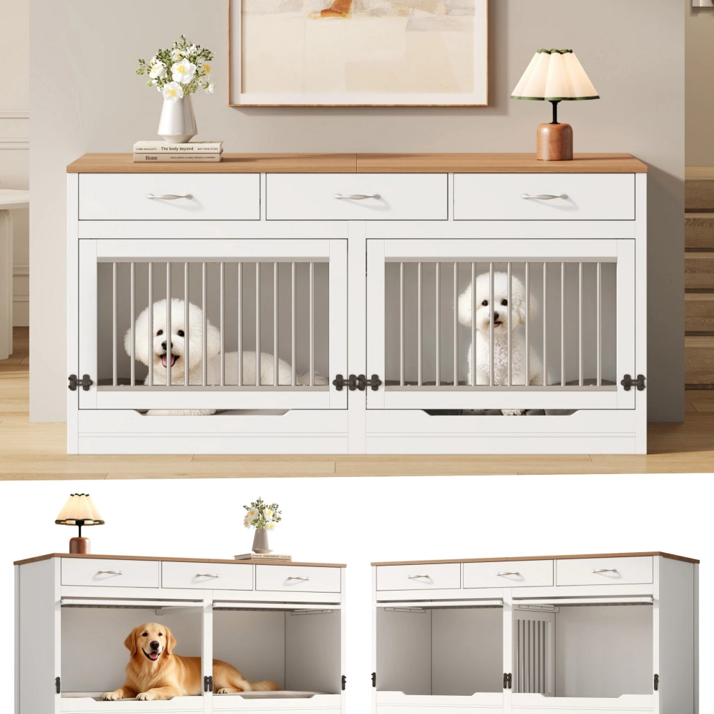 Gabbia per cani con divisorio removibile e porta superiore a ribalta in MDF e metallo bianco naturale 164 × 60 × 81 cm