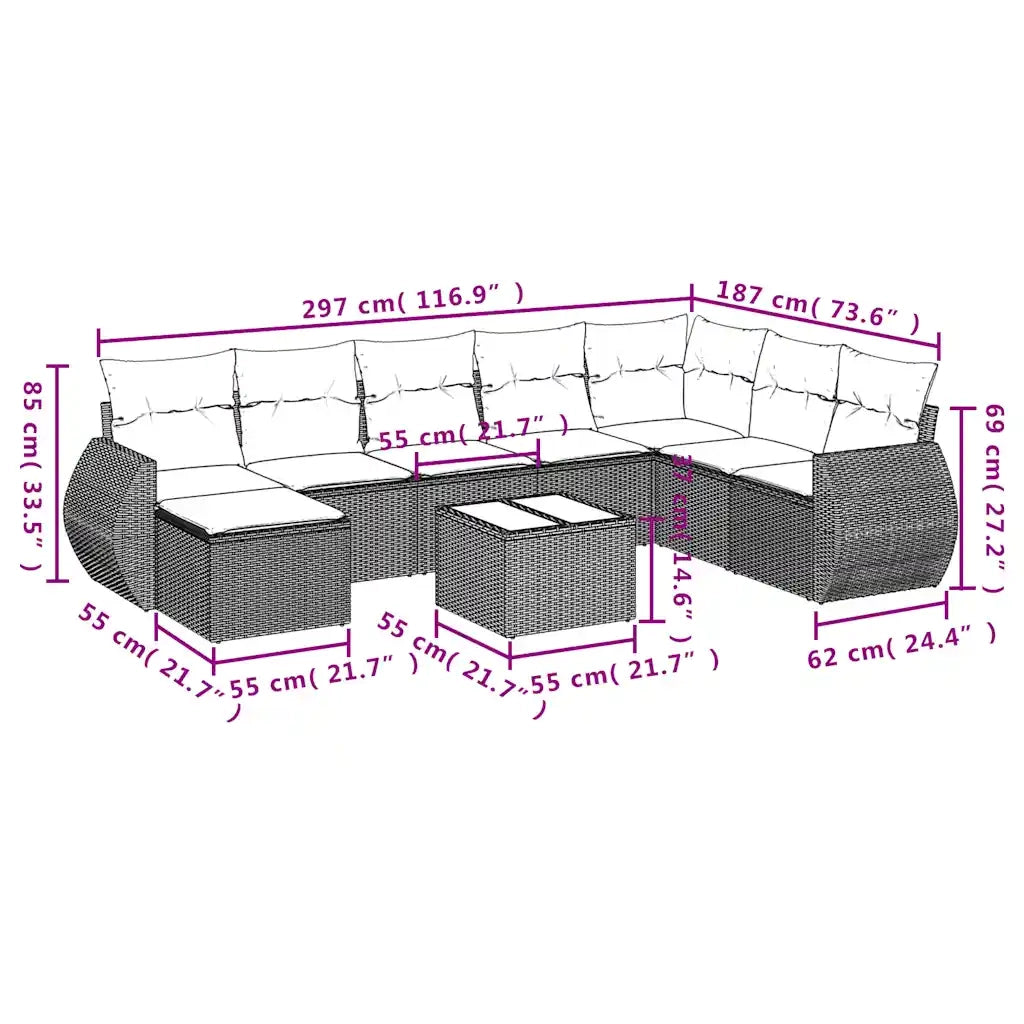 Set Divani da Giardino 9 pz con Cuscini Nero in Polyrattan 3221766