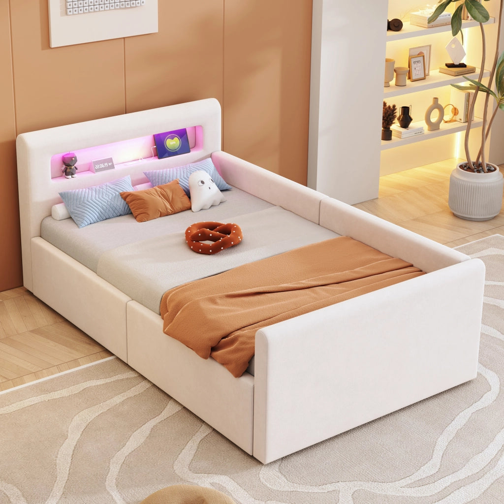 Letto singolo con contenitore 90 × 200 cm imbottito in velluto beige con LED; luce notturna; USB e rete a doghe