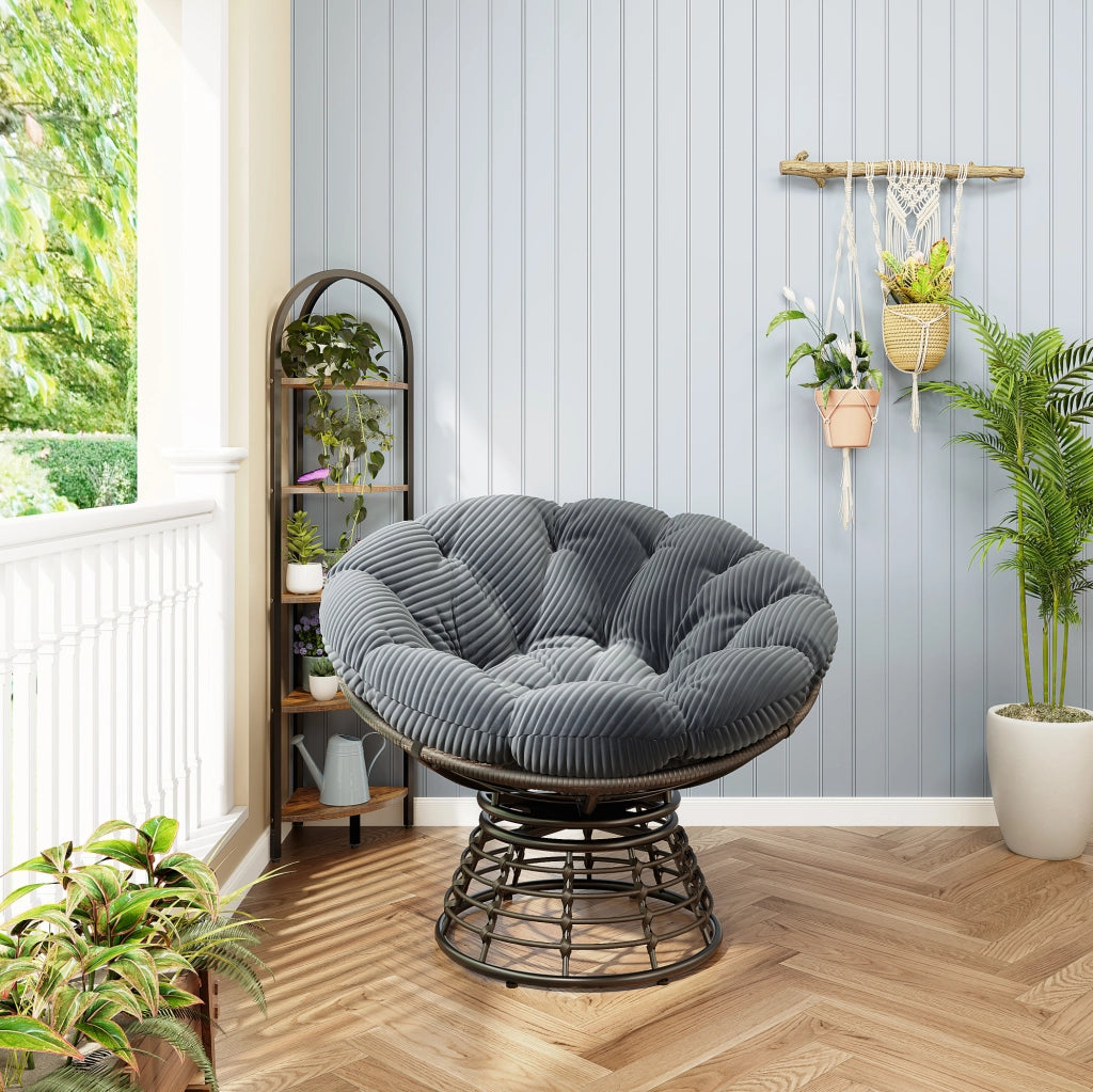 Sedia Papasan Ergonomica in Rattan con Cuscino Spesso e Girevole a 360°, Telaio Marrone e Cuscino Grigio in Velluto a Coste