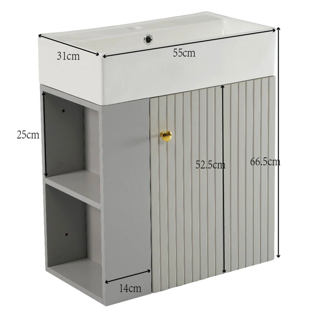 Mobiletto con lavabo in truciolato grigio e bianco con ripiani laterali e lavabo in ceramica 69 × 52 × 32 cm