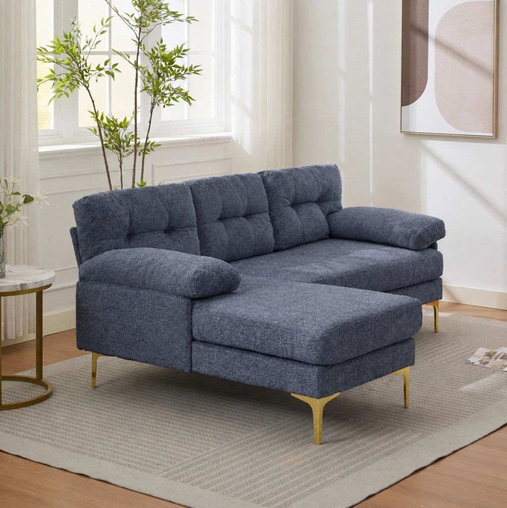 Divano ad angolo a 3 posti 187,5 cm in tessuto Chenille blu con braccioli imbottiti e piedini in metallo