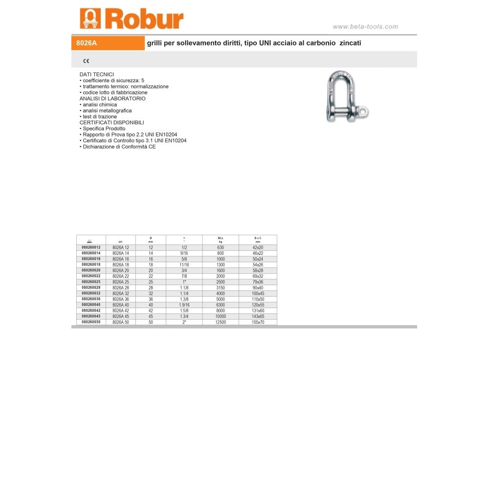 Robur grillo 10mm 3/8 di sollevamento diritto in acciaio zincato