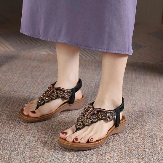 Sandali per donna - Estate - Cinturino elastico - Stile bohemiano - Punti plantari piatti - Adatto alle donne - Nero, 39 EU.