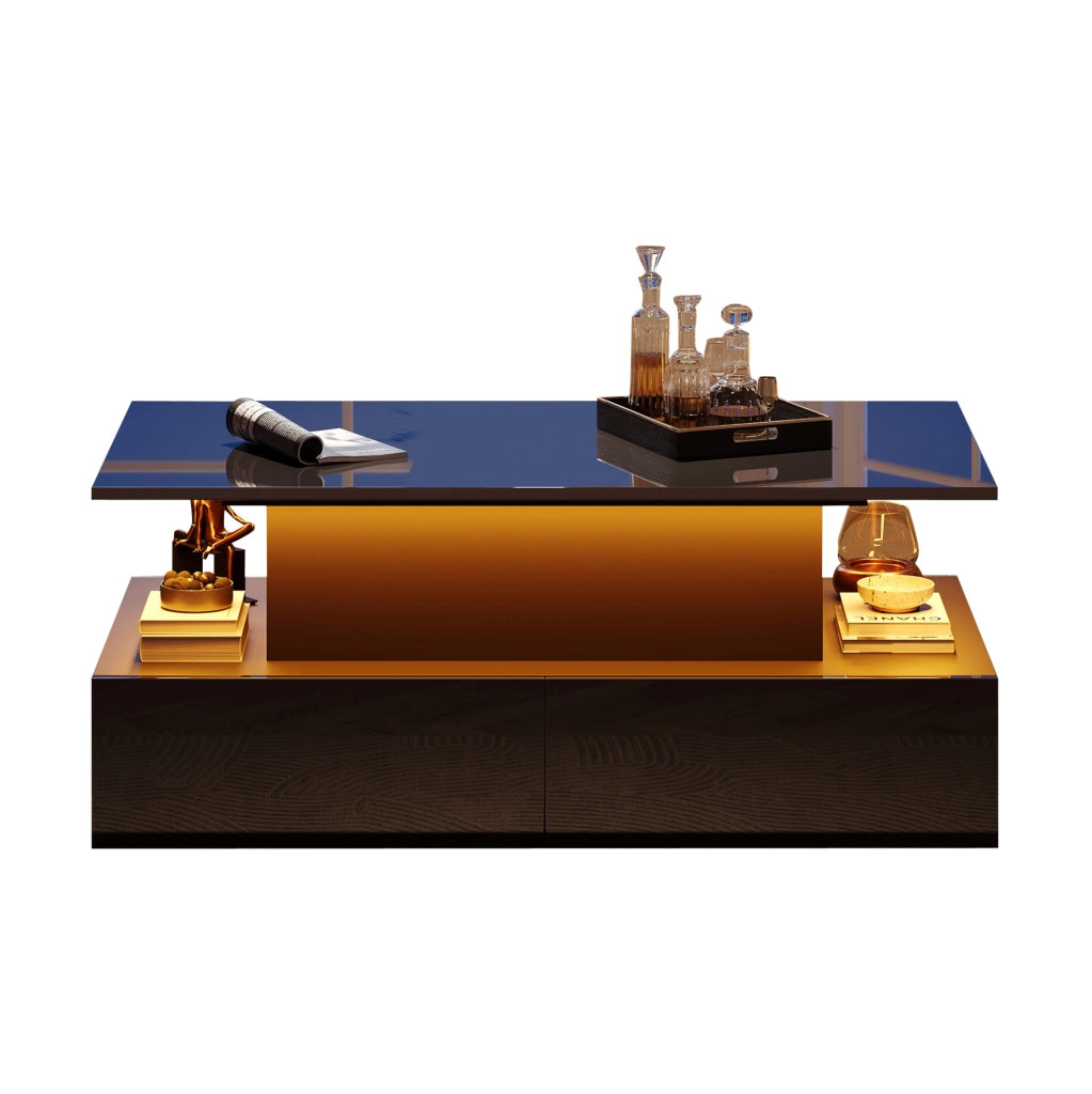Tavolino da salotto nero lucido con illuminazione LED, 4 cassetti e piano estraibile 90x55x41 cm, portata 30 kg