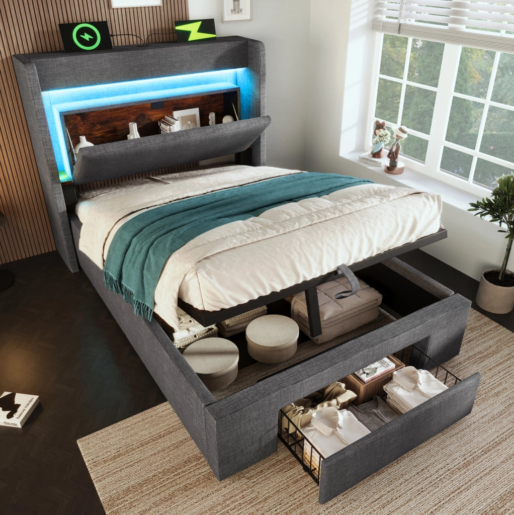 Letto imbottito 90x200 cm con contenitore idraulico, testiera con vano portaoggetti, illuminazione LED e porte USB/USB-C, struttura con doghe in legno, grigio in lino, senza materasso