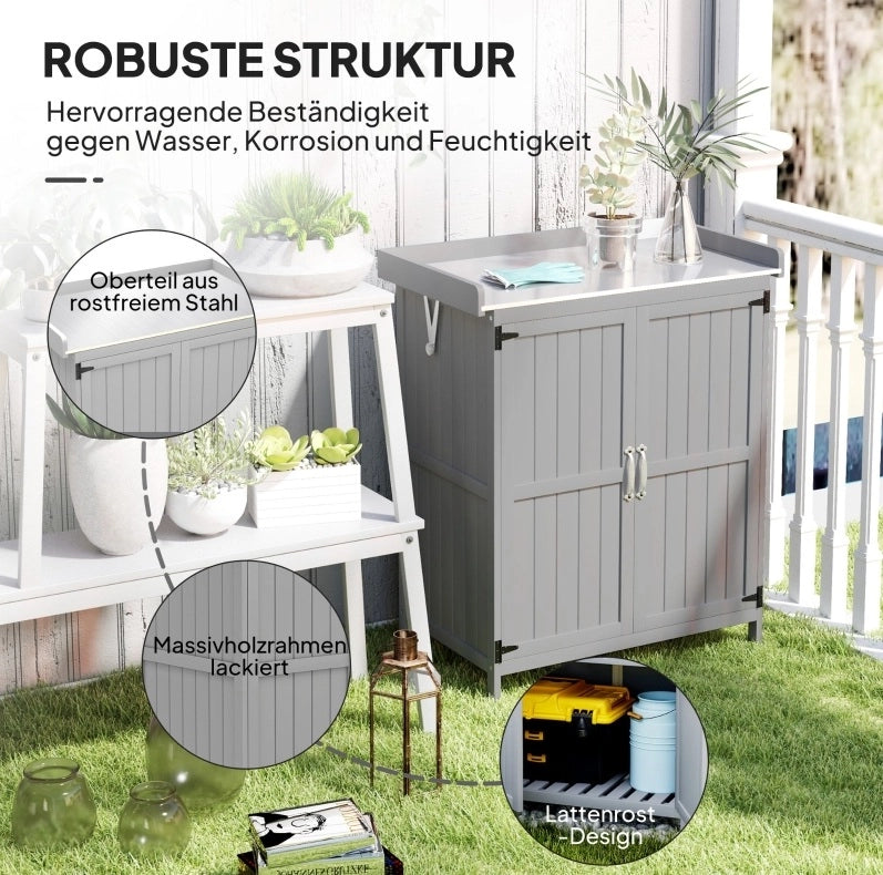 Armadio da giardino in legno e acciaio inox con doppie porte e piano di lavoro, 74x43x88 cm, grigio