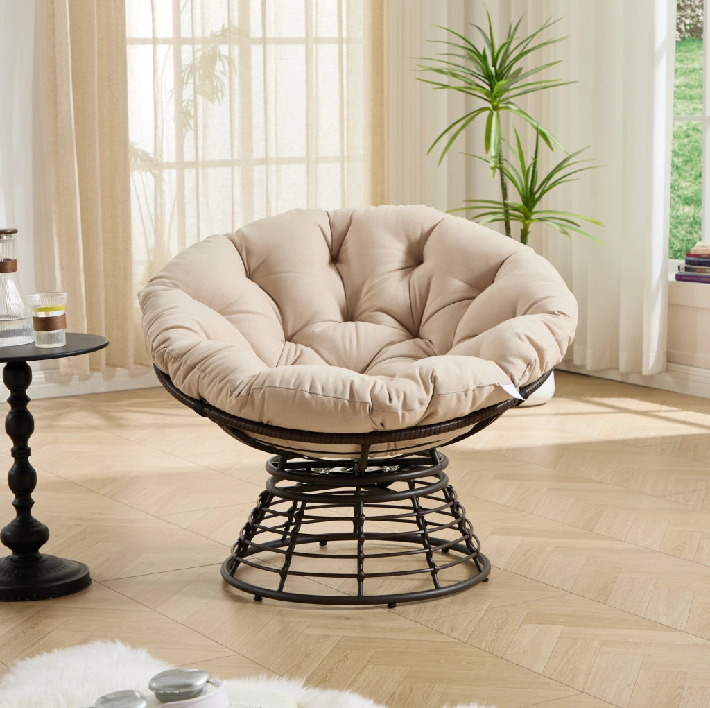 Sedia Papasan Girevole in Rattan Marrone con Cuscino Beige Morbido e Spesso, Struttura in Acciaio, 92 cm, Ideale per Soggiorno e Camera