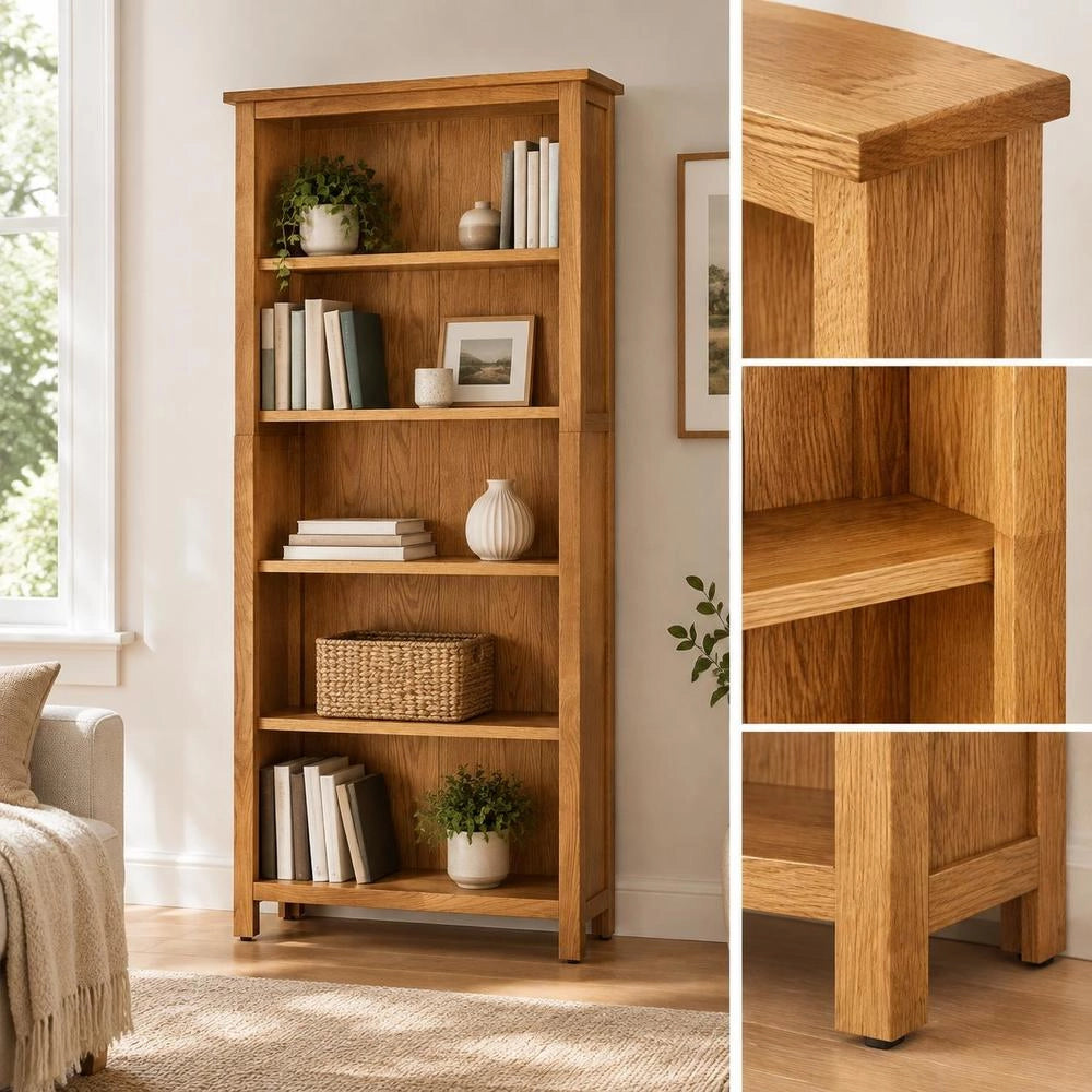 Bookshelf With 5 Compartments, 70x22x140 Cm, Solid Oak Wood