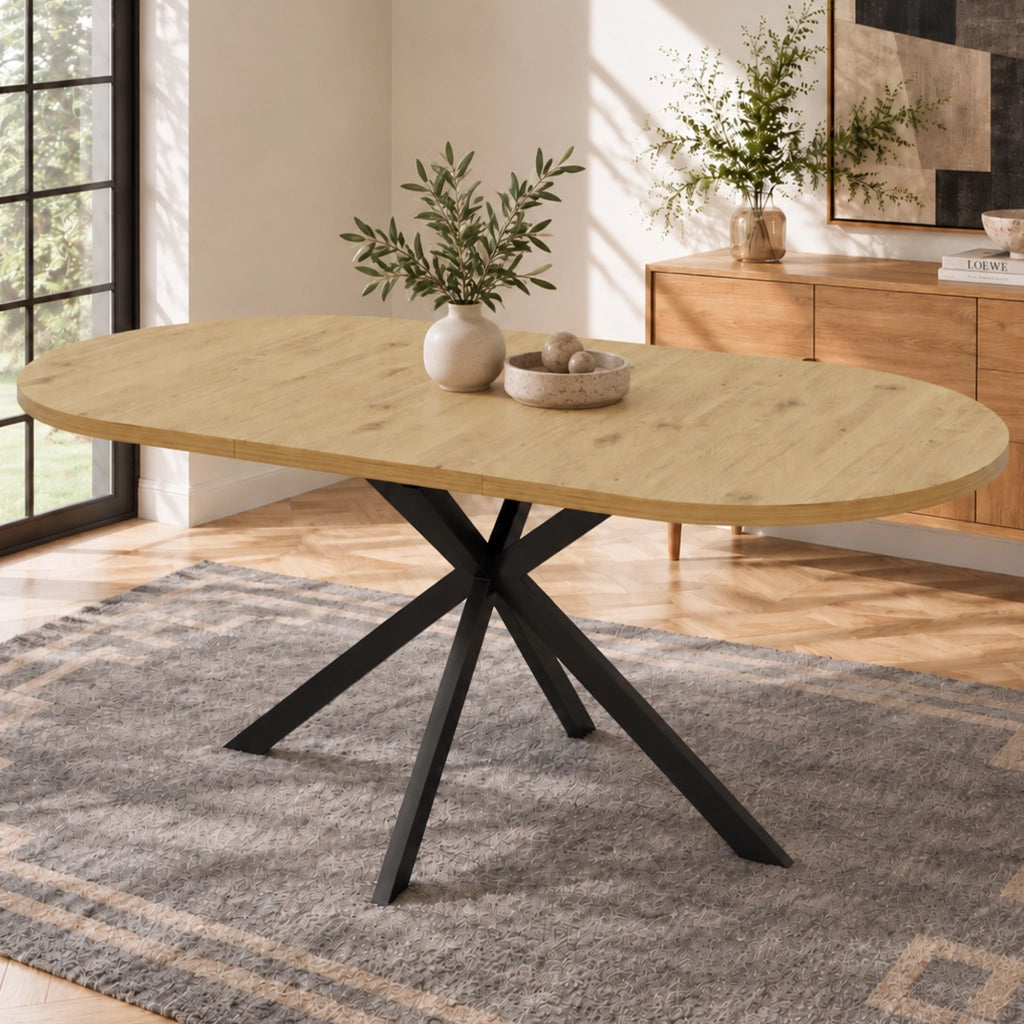 Tavolo da Pranzo Ovale Allungabile 120-160x80 cm 4-6 Posti LEMONMAX; Prolunga Integrata; Piano MDF Effetto Legno e Gambe in Metallo; H 75 cm