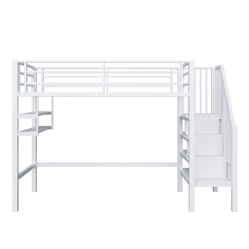 Letto a soppalco per bambini 90x200 cm con scala contenitore e ripiani in metallo bianco