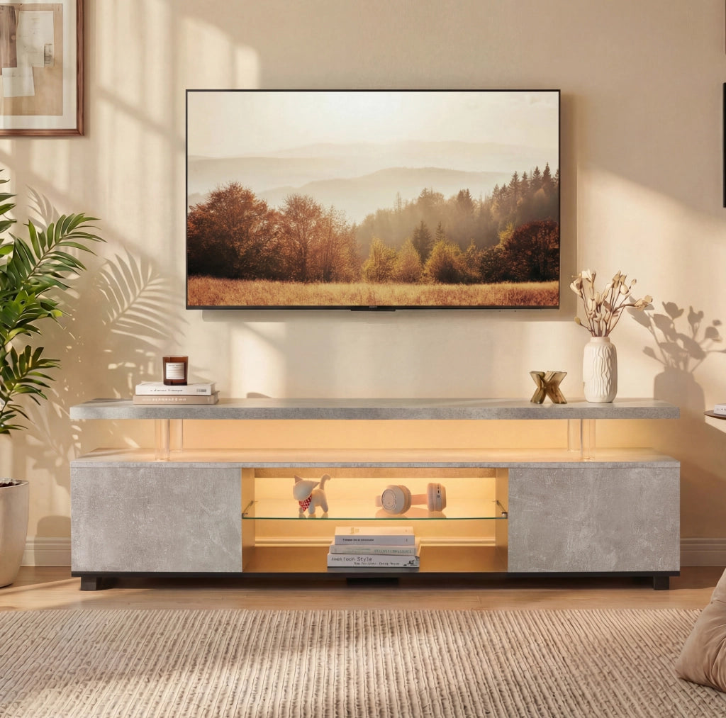 Mobile TV ULEVR con illuminazione LED, 3 vani chiusi e ripiano aperto, grigio e nero