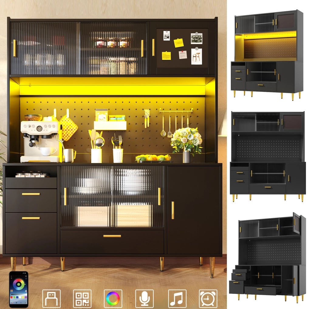 Credenza buffet da cucina 140x40x180 cm con LED, ante scorrevoli in vetro e pannello forato nera HAVRYA