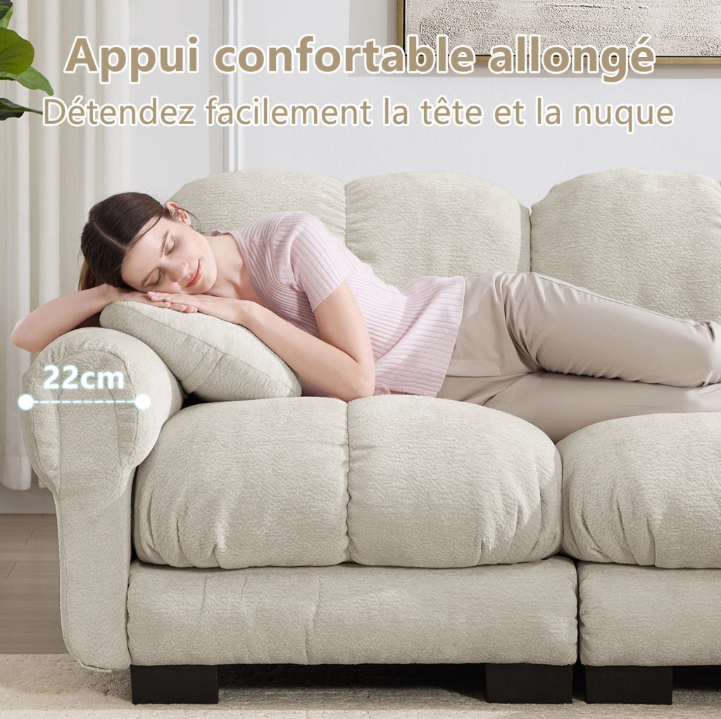 Divano angolare modulare a U 4 posti in tessuto chenille, colore kaki chiaro, con 2 pouf mobili