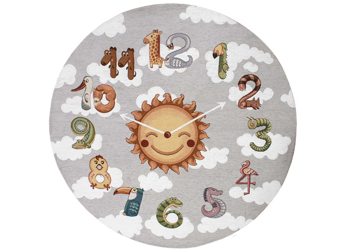 Tappeto Arredo e Gioco Antiscivolo Per Cameretta Bambini Disegno Orologio - Rotondo 100 - Grigio Perla