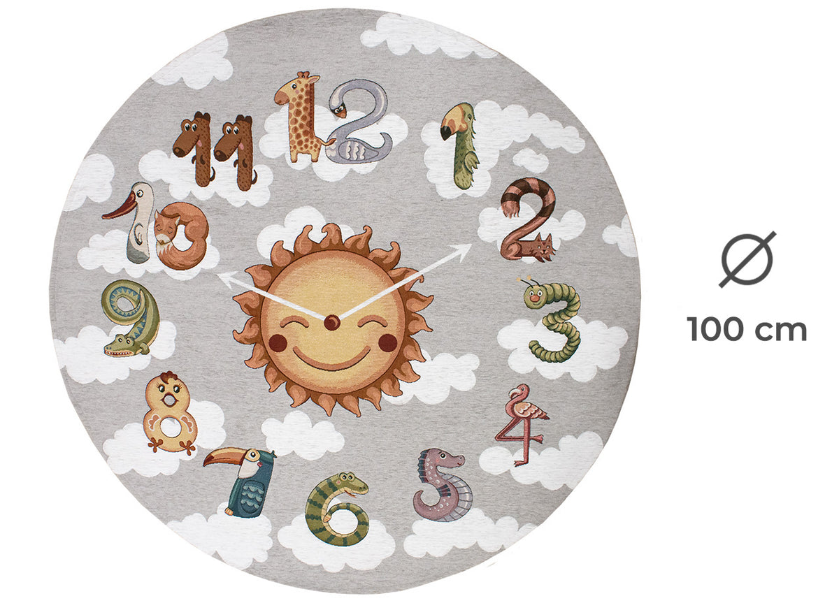 Tappeto Arredo e Gioco Antiscivolo Per Cameretta Bambini Disegno Orologio - Rotondo 100 - Grigio Perla