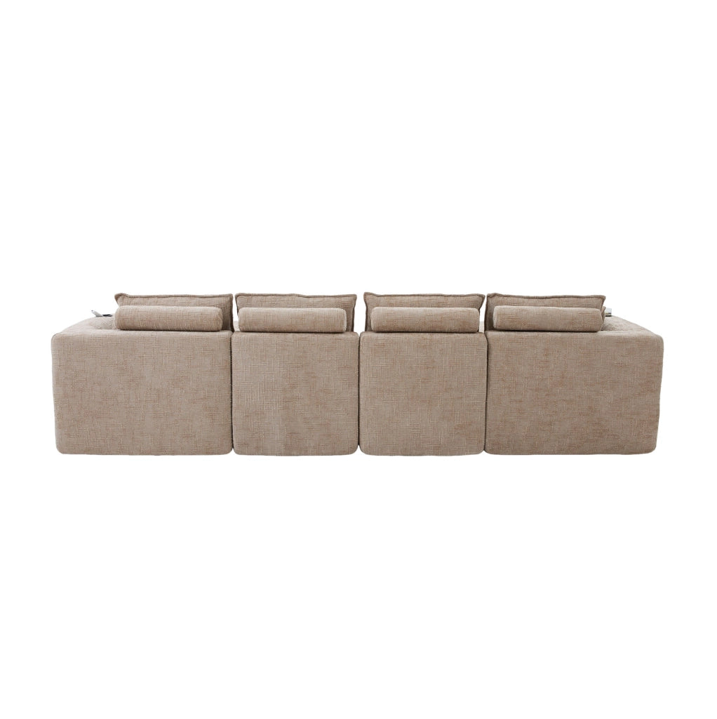 Divano modulare a 4 posti con 2 pouf, tessuto chenille kaki, cuscini, portabicchieri e tasche laterali