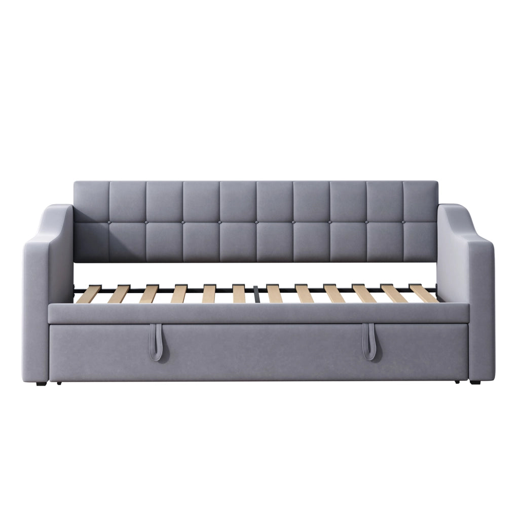 Letto divano estraibile 90×190 e 180×190 cm; 2 posti con porte USB sui braccioli; senza materasso; velluto grigio