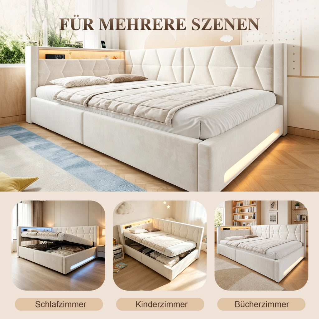 Letto contenitore matrimoniale 140 × 200 cm con vano idraulico, LED, USB e Type-C, senza materasso, beige