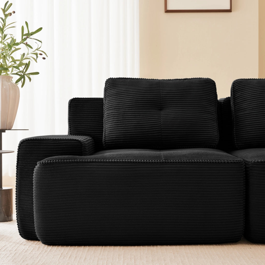 Divano modulare angolare imbottito in tessuto di velluto nero, senza telaio, profondità seduta 74 cm, design antiscivolo