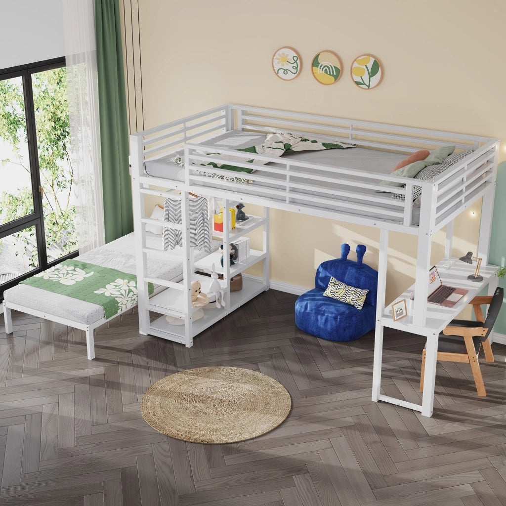 Letto a castello 90 x 200 cm, struttura in metallo, con scrivania, presa di ricarica, 4 ripiani portaoggetti, bianco