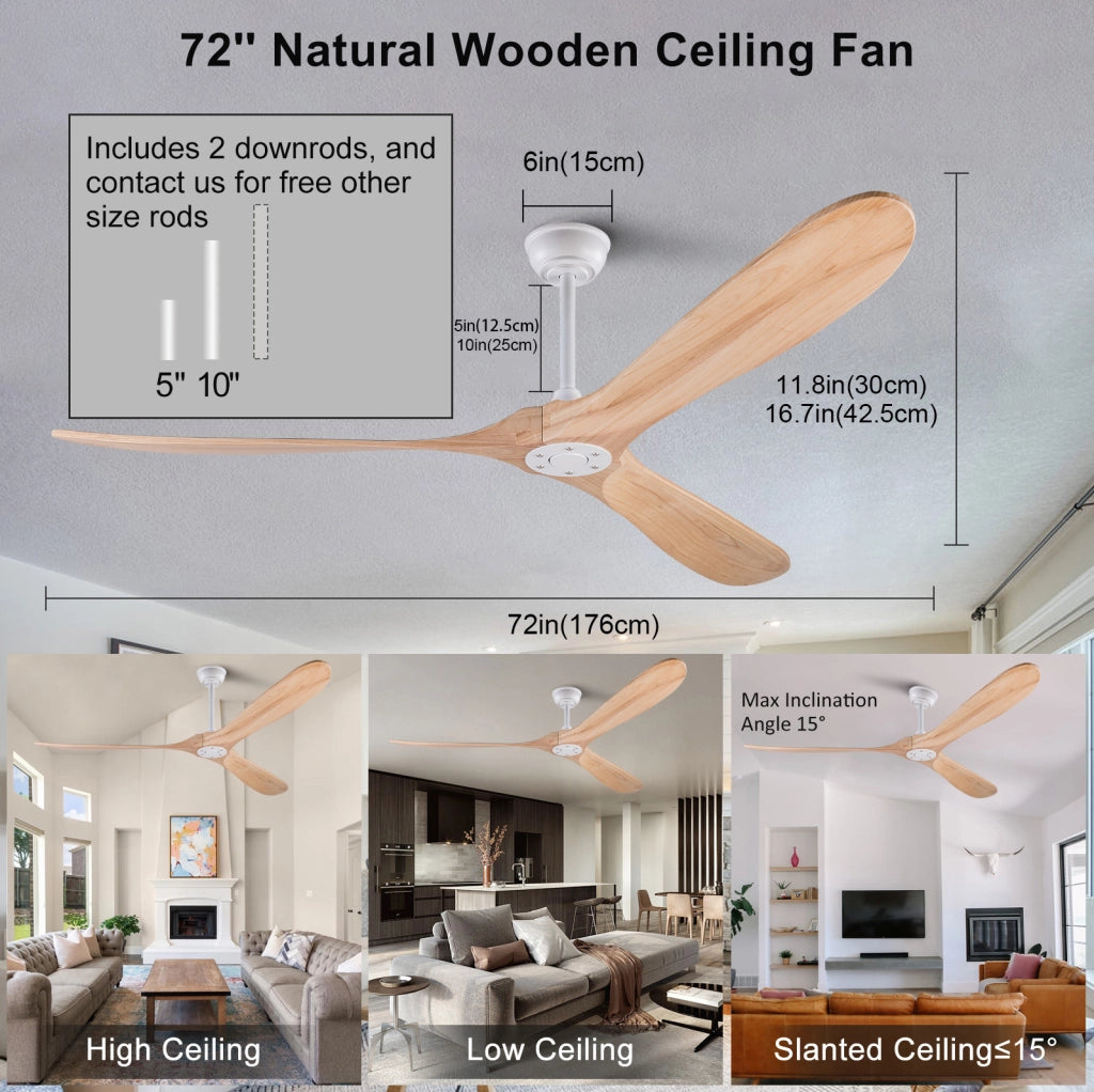 Ventilatore a soffitto in legno naturale 70 pollici senza luce con motore silenzioso DC e sistema di memoria, design moderno per interni ed esterni