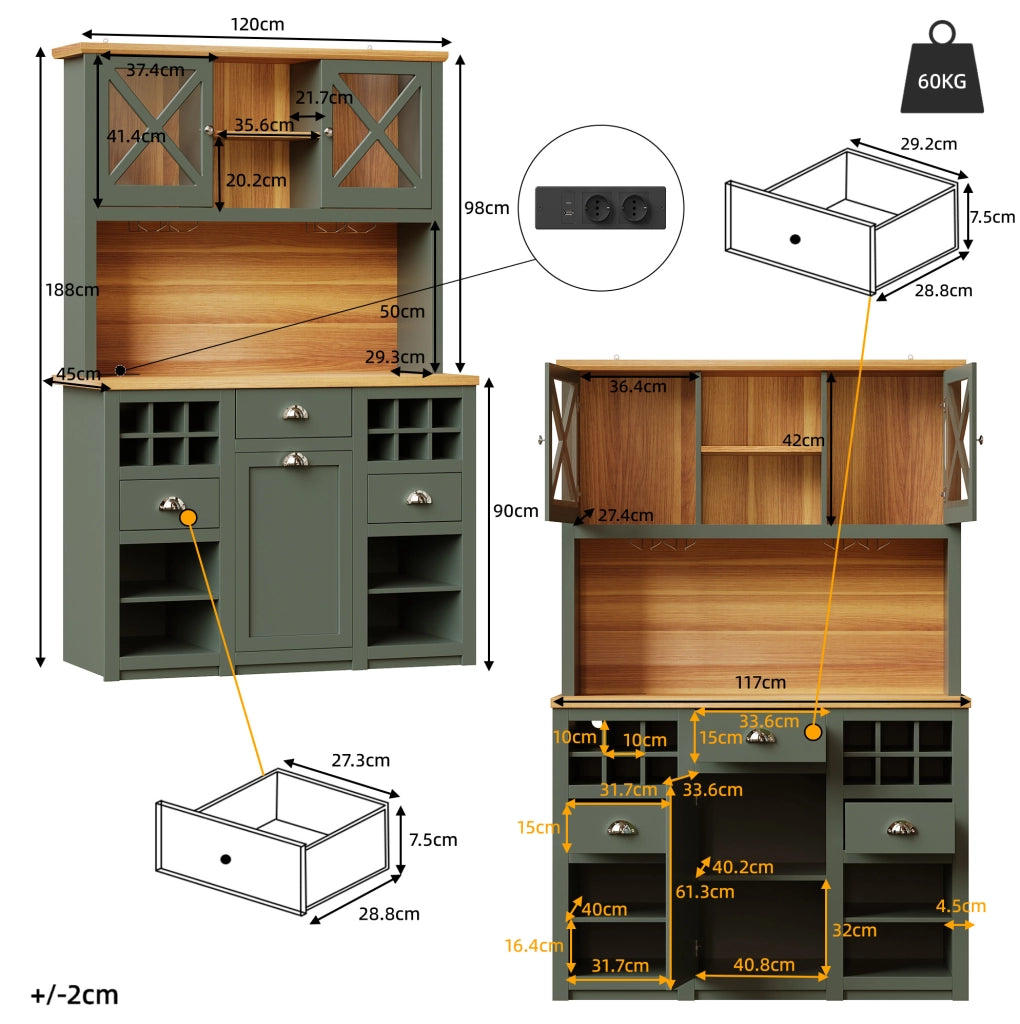 Mobile da cucina 120x45x188 cm in MDF e vetro verde con LED e contenitore