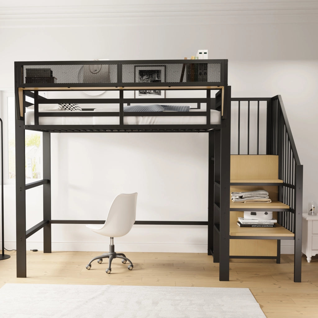 Letto a soppalco 90 × 200 cm con scala e ripiano regolabile in MDF e metallo nero spazio libero 140 cm portata 120 kg