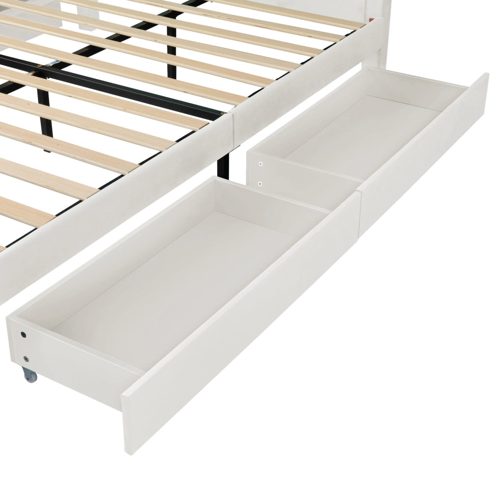 Letto per bambini 140x200 cm con struttura a casa, imbottito in velluto beige, con 4 cassetti contenitori