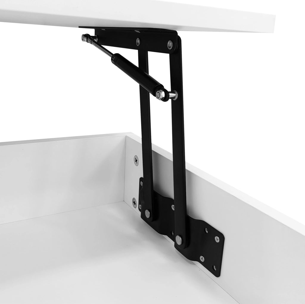 Tavolino da caffè bianco 100x50x44 cm con alzata idraulica, LED integrato, Bluetooth, 2 cassetti e vano aperto