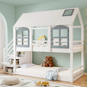 Letto a castello per bambini 90x200 cm in pino e MDF; a casetta con tetto; finestre e scala contenitore; bianco e grigio
