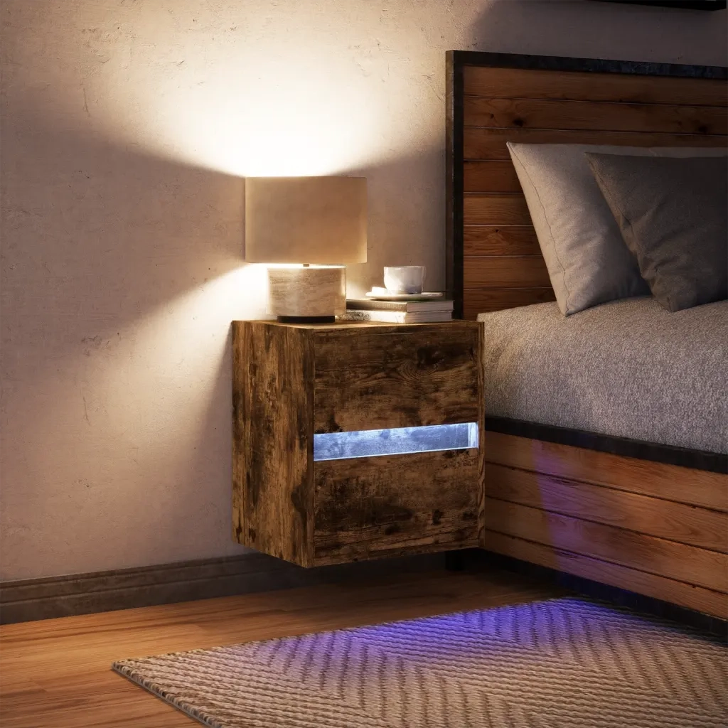 Comodino | Armadio da Notte | Mobiletto da notte a Parete con luci LED Rovere Fumo