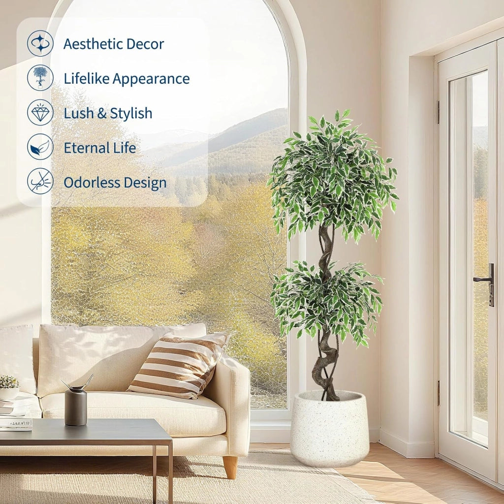 Ficus Artificiale Multitronco 150 cm con Vaso Ciottoli e Muschio Decorativo