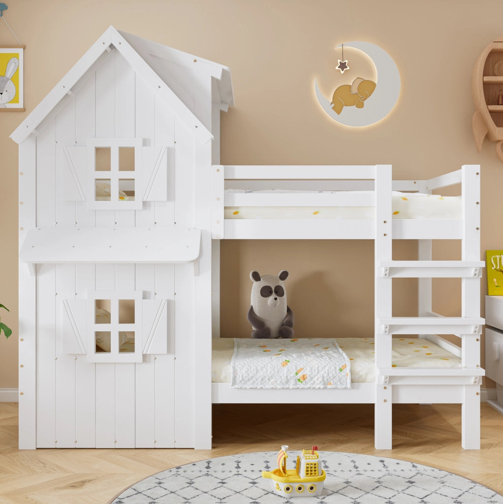LETTO A CASTELLO per bambini 90x200 cm Bianco con finestre e tetto