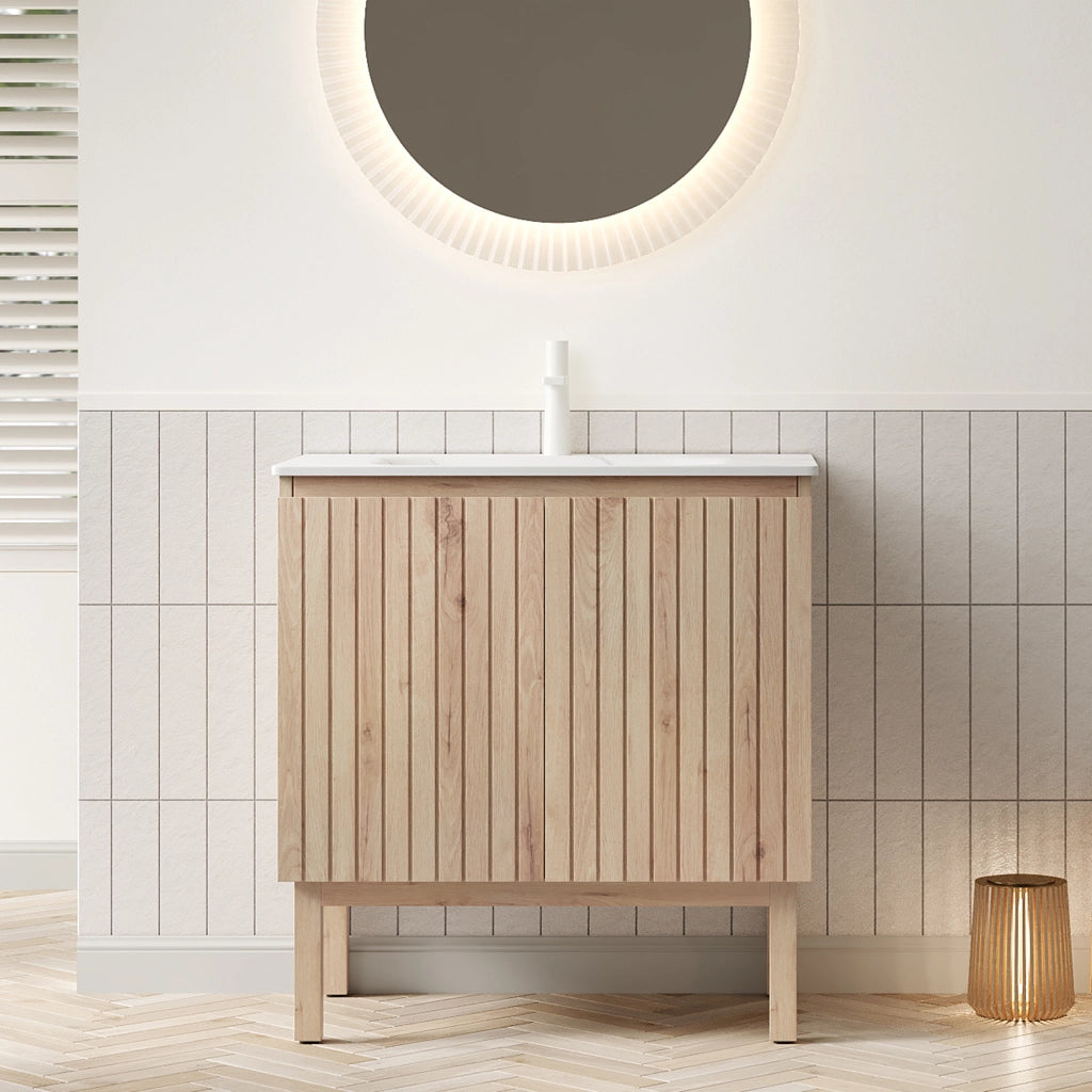 Mobiletto con lavabo a terra due ante e ripiano regolabile pietra sinterizzata bianca rovere bianco 80 cm
