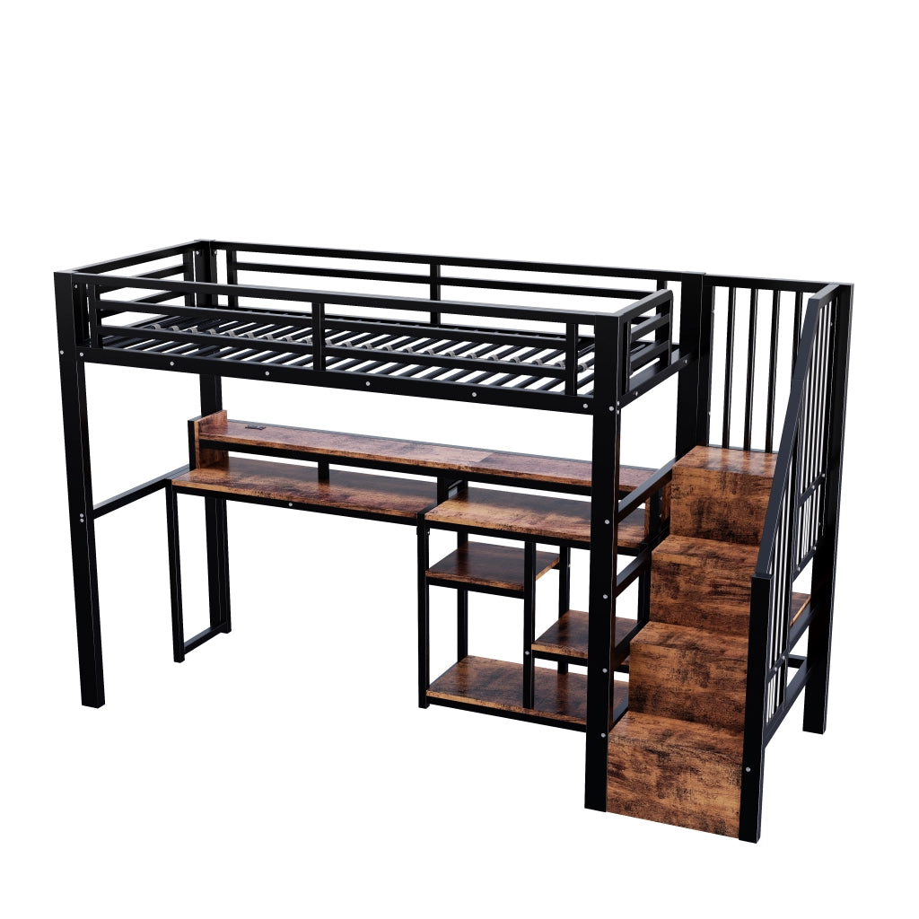 Letto a soppalco per bambini 90x200 cm con LED; USB e Type-C; scala con ripiani; metallo e MDF nero