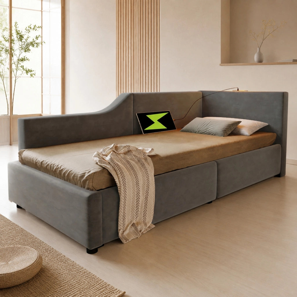Letto contenitore 90 × 200 cm con rete a doghe idraulica rivestito in velluto grigio con luce da lettura USB-C