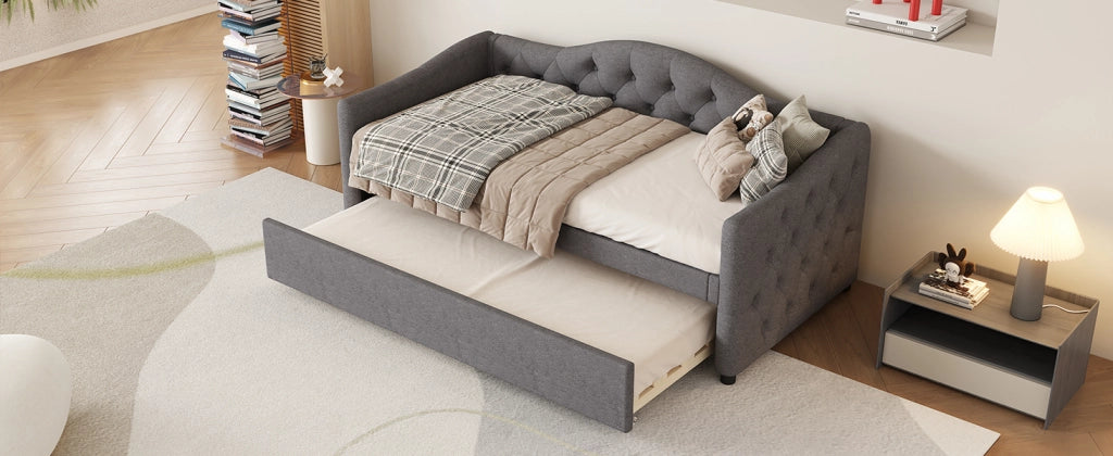Letto singolo con letto estraibile 90 × 200 cm in lino e mdf grigio con rete a doghe e 12 listelli