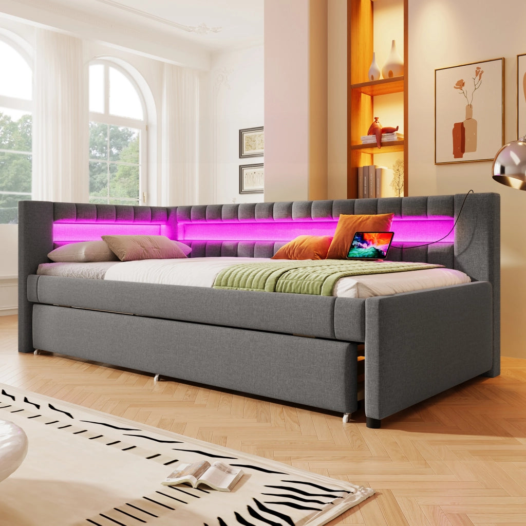 Letto estraibile 2 posti 90 x 200 e 90 x 190 cm con LED via app e USB/USB-C, divano letto in lino grigio con struttura MDF salvaspazio