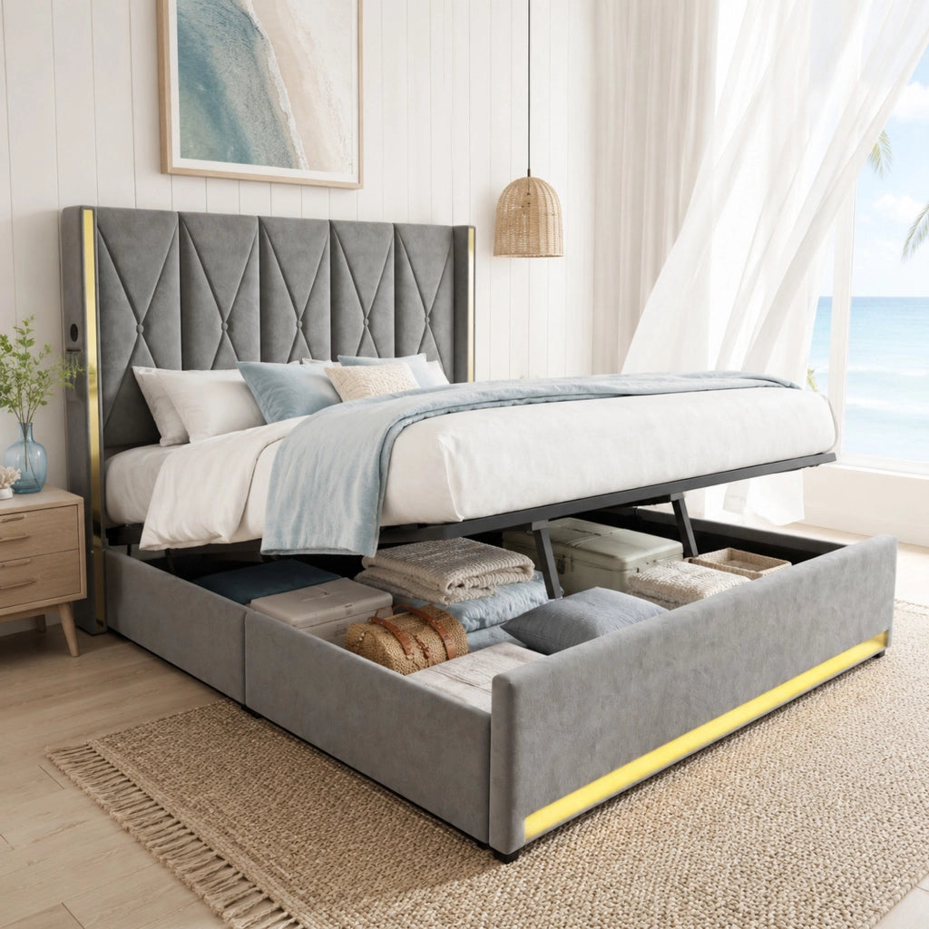 Letto matrimoniale contenitore 180x200 cm in velluto grigio scuro con testiera alta, USB, Type-C e LED