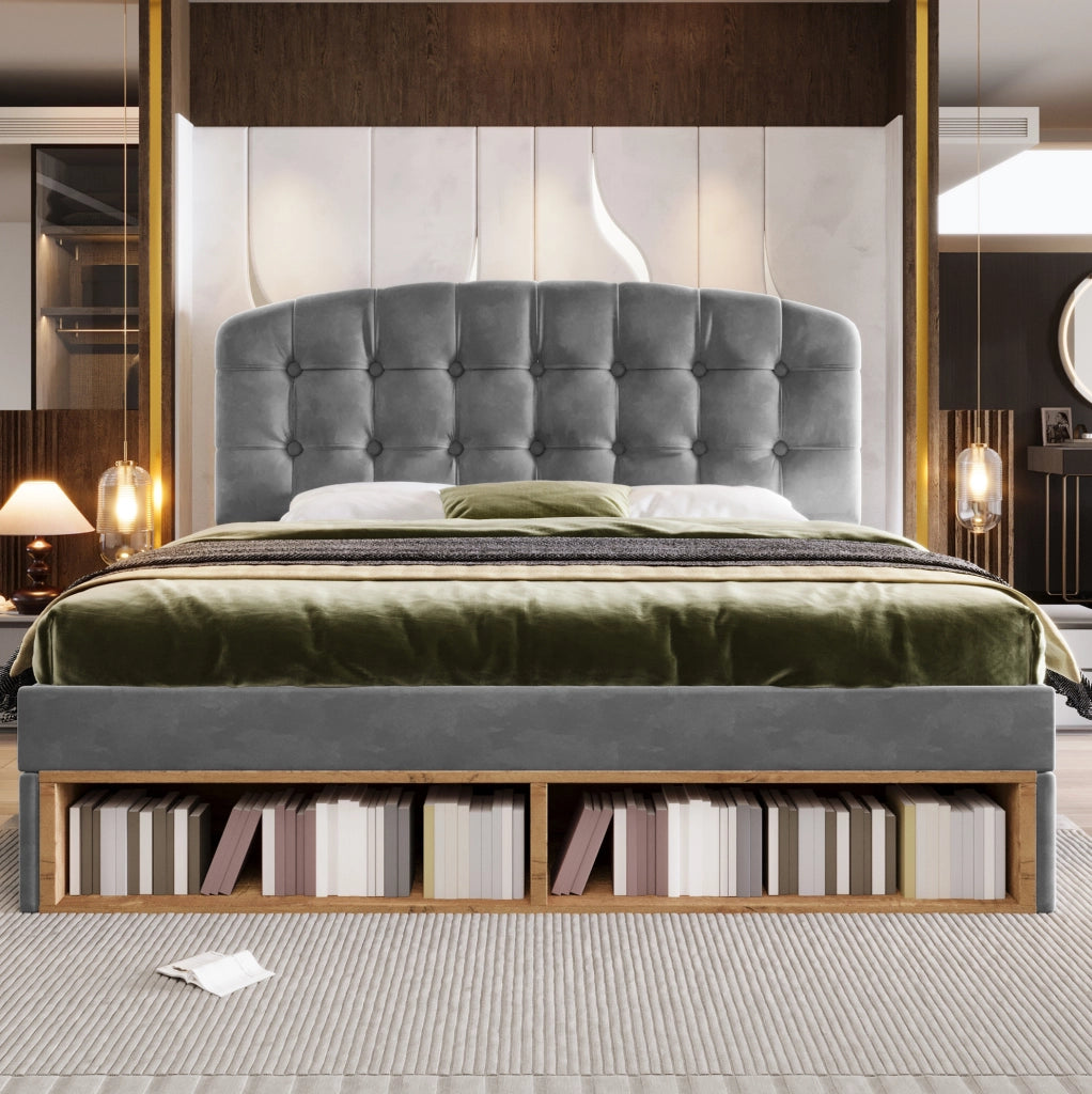 Letto matrimoniale 140x200 cm in velluto grigio con cassetti e testiera regolabile HOMVRA