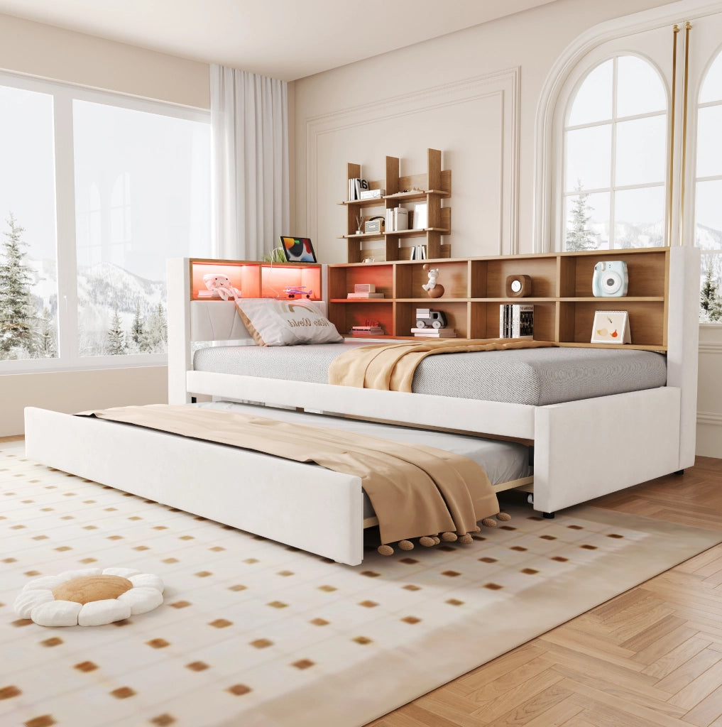 Letto estraibile multifunzionale 90 x 200 cm beige con LED
