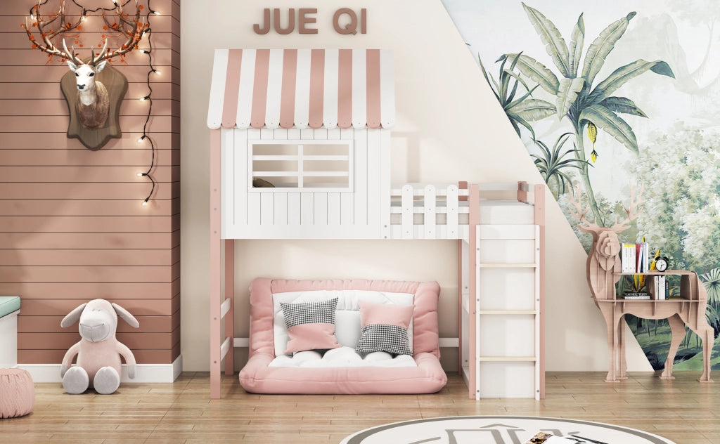 Letto a soppalco per bambini 90 × 200 cm con tetto scala di sicurezza rete a doghe in legno rosa
