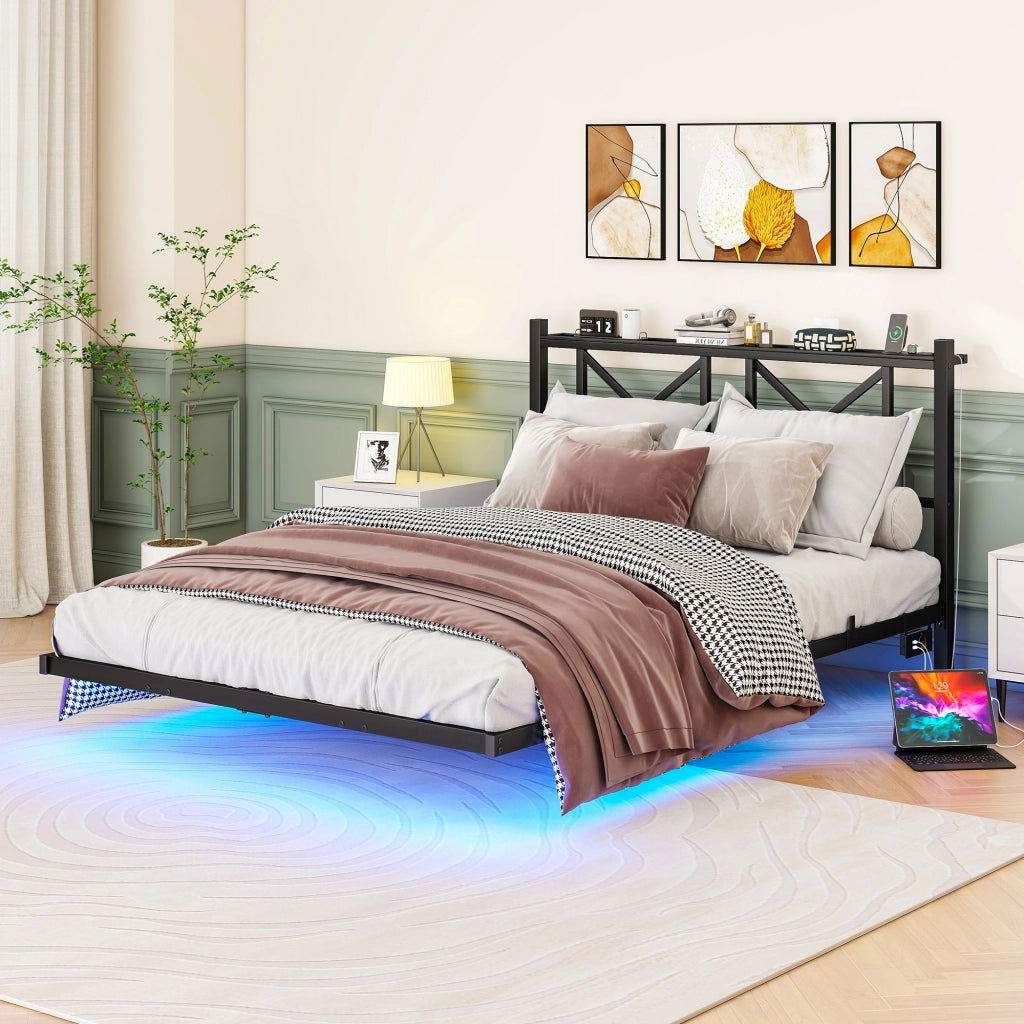 Letto matrimoniale 140 × 200 cm con LED; ricarica USB; testiera portaoggetti e struttura in metallo nero