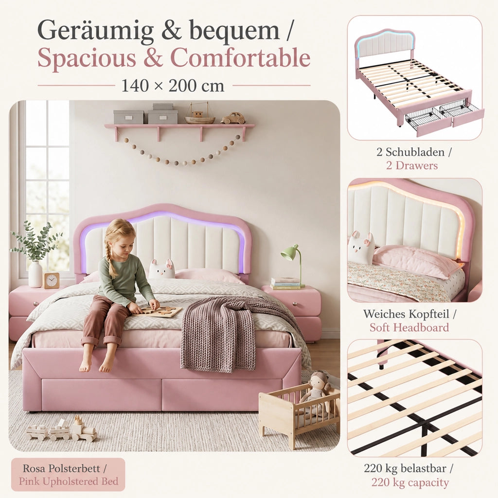 Letto imbottito rosa 140x200 cm in velluto con 2 cassetti e LED controllati tramite app per cameretta