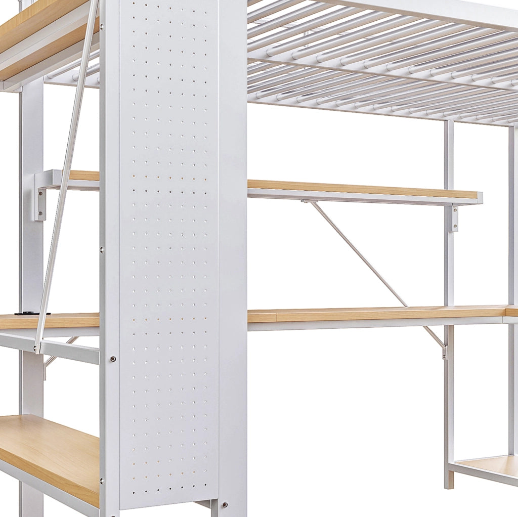 Letto a soppalco 140x200 cm con scrivania; LED e USB bianco HOMVRA