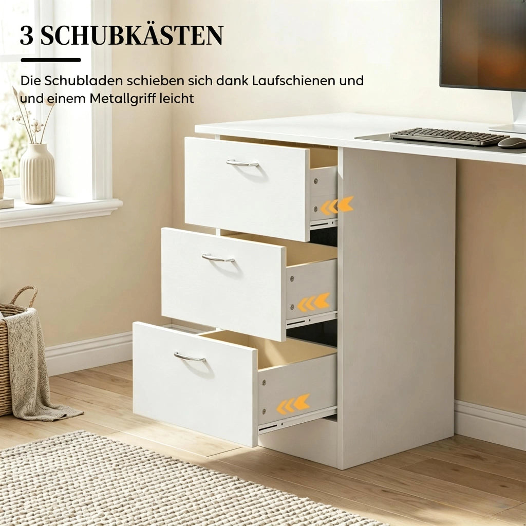 Scrivania dritta con 3 cassetti e 3 ripiani aperti in MDF bianco configurabili su entrambi i lati 120 × 49 × 72 cm