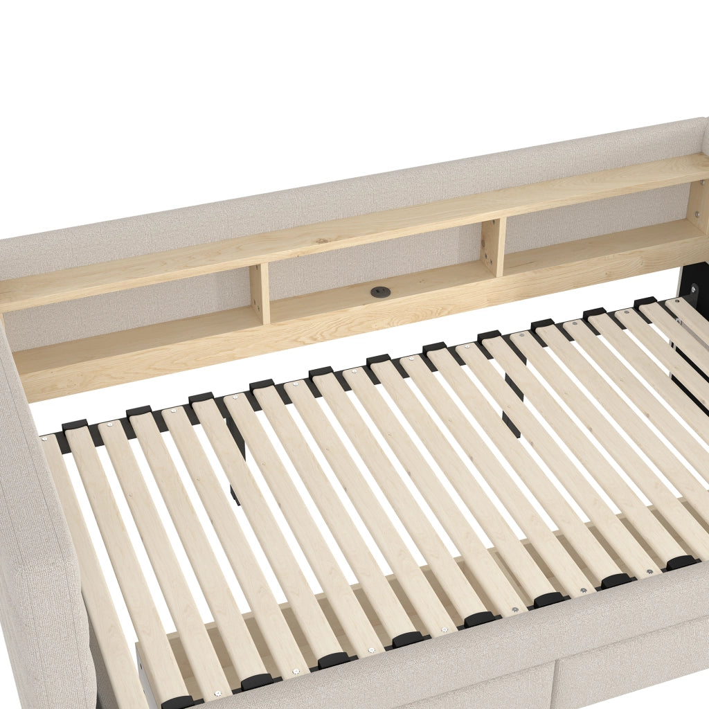 Divano letto estraibile 90x190 cm con LED, USB e USB-C in velluto beige