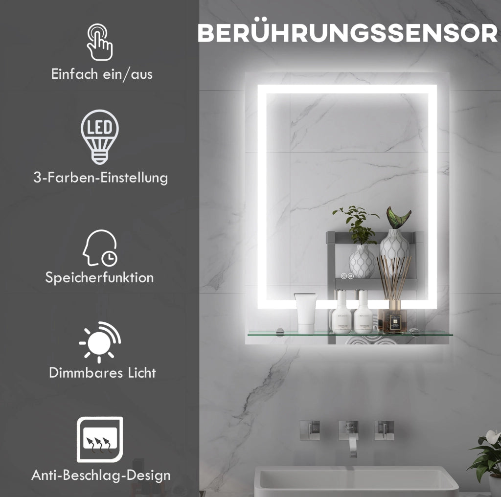 Specchio da bagno con illuminazione LED 70x50 cm, 3 tonalità di luce, antiappannamento, con mensola e interruttore touch, protezione IP44