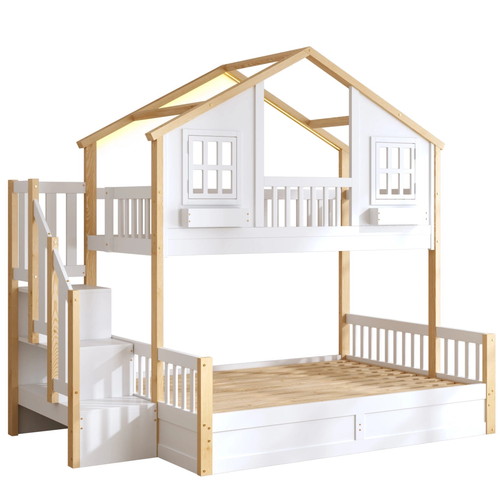 Letto a castello 90x200 e 140x200 con LED; scala contenitore; bianco